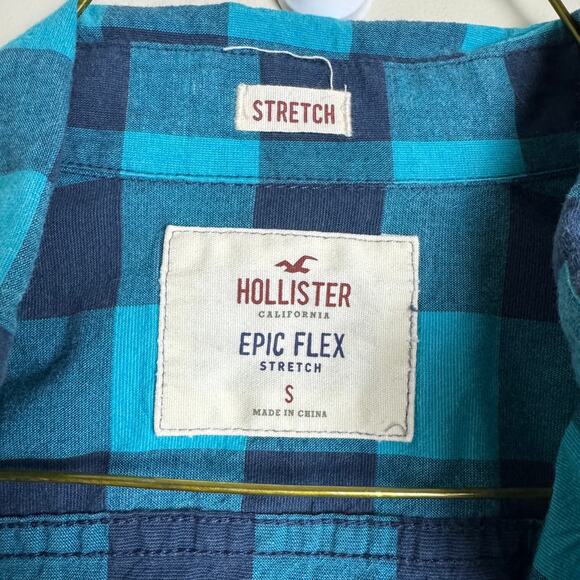 Hollister Navy Bright Blue Plaid Flannel Epic Flex Button Down‎ Shirt Size SMALL - Picture 2 of 4